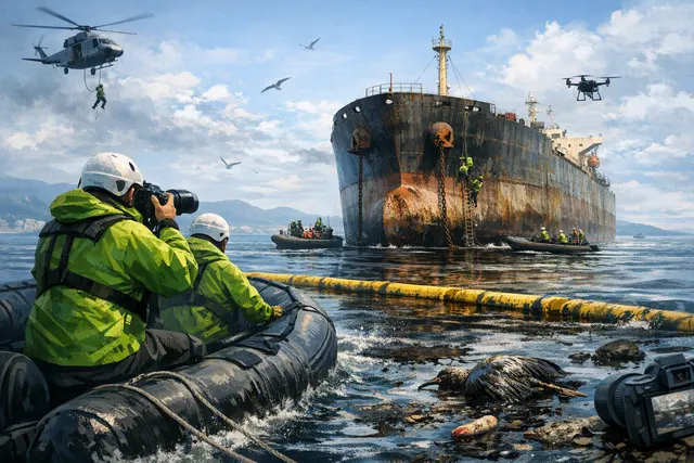 What actions did Greenpeace take against the abandoned Russian shadow fleet tanker Kairos off Bulgaria, what evidence of oil pollution has t