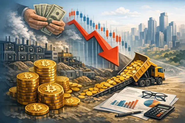 Bitcoin mining rigs and Bitcoin price chart illustrating 2026 miner selling pressure crisis
