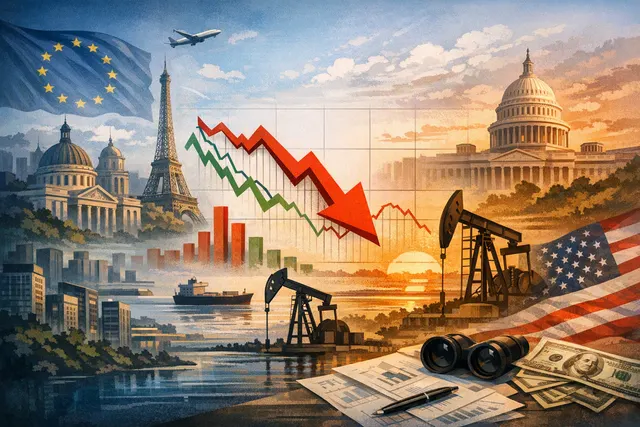 Graphic showing European stock market index chart with oil barrel icon, representing the market pullback driven by rising crude prices and Middle East tensions in mid-August 2026.