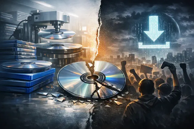 PlayStation game disc beside a digital download symbol, representing Sony’s 2028 shift away from physical game releases and the #PSBlackout backlash