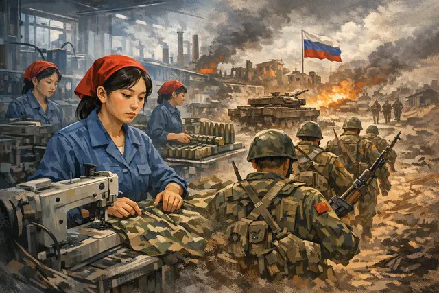 North Korean female workers in matching white clothing at a Russian factory, representing the labor deployment strategy during the Ukraine war