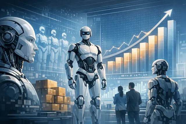Humanoid robots working in an industrial production facility, illustrating the rapid growth of the global market in 2026