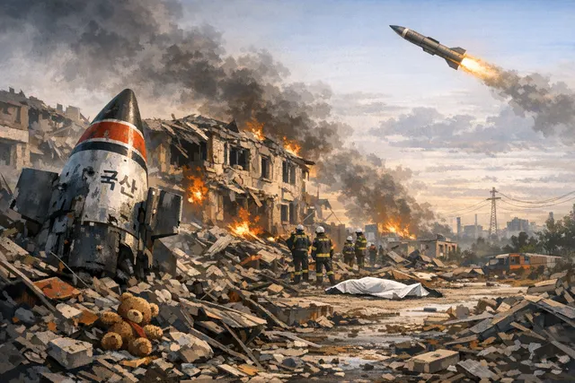 A dramatic and somber AI-generated image of a night sky over a city, with a bright explosion and smoke plume rising from a strike, representing the Russian missile attack on Kryvyi