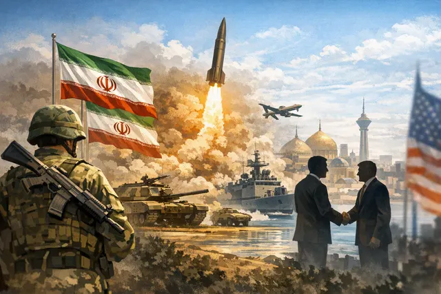 A conceptual image representing the geopolitical tensions in the Persian Gulf, with a warship silhouette near the Strait of Hormuz under a dramatic sky.