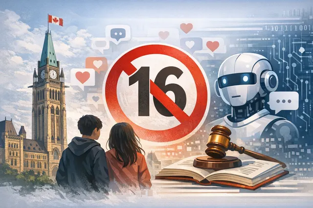 Illustration of a smartphone screen showing social media icons locked behind a child safety gate, with the Canadian Parliament building in the background.