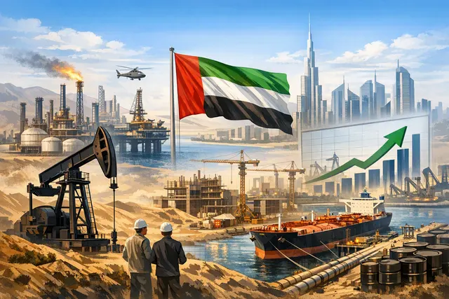 An abstract visualization of oil production data and UAE energy infrastructure, representing the country's post-OPEC output surge.