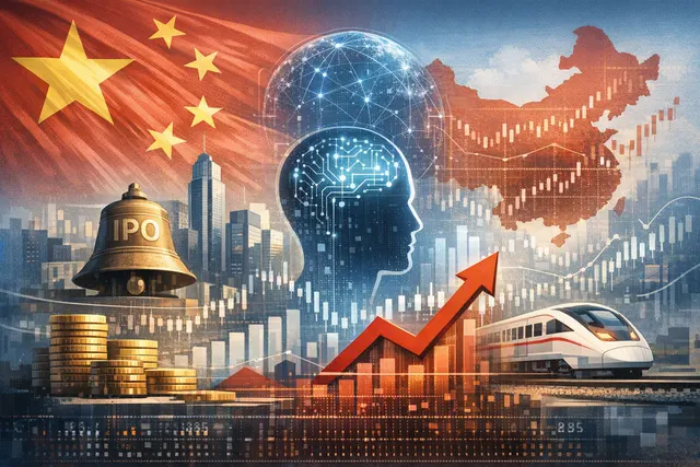 Abstract digital illustration of Chinese yuan symbols and upward-trending stock market lines with AI circuit patterns, representing China's capital markets funding AI growth.