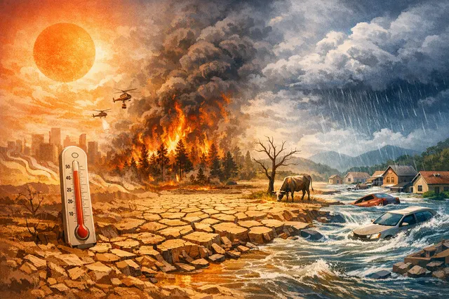 Conceptual visualization of Earth with heatwaves, drought cracks, wildfire smoke, and flood waters, representing the extreme climate events reported by the WMO for July 2026.
