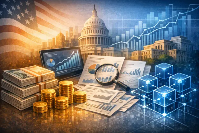 Illustration of blockchain networks and tokenized U.S. Treasury bonds showing growth data for Solana, Ethereum, and BNB Chain