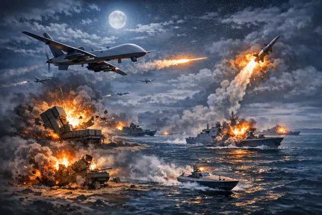 Illustration of a Ukrainian unmanned aerial drone approaching a Russian S-400 air defense system launcher near a coastline, representing the August 8–9 strike operation.