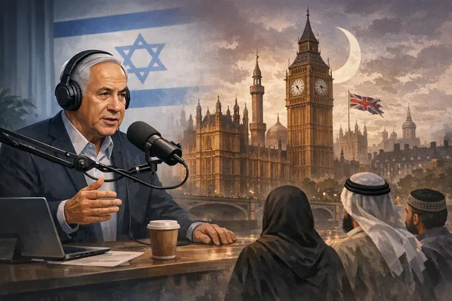 A stylized editorial image representing Israeli Prime Minister Benjamin Netanyahu's controversial 'Islamic Republic of Britain' remark on the Melech Blitzer Haim podcast.