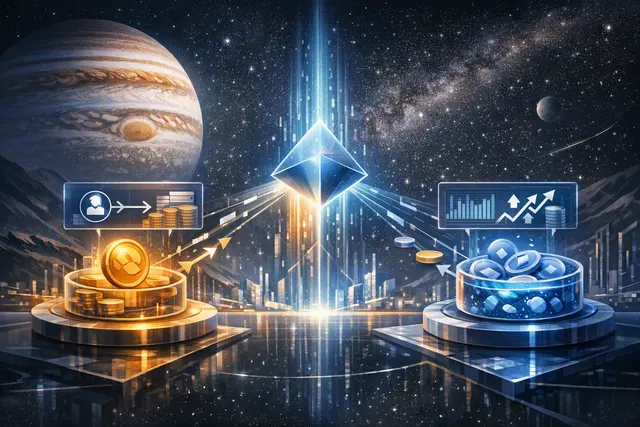Abstract visualization of capital flowing between lending pools and DEX liquidity on Solana, representing Jupiter Lend v2's dual-yield mechanism