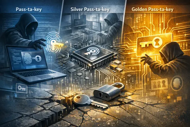 Conceptual illustration of a security researcher analyzing passkey hijacking techniques on a Windows PC with Chrome browser