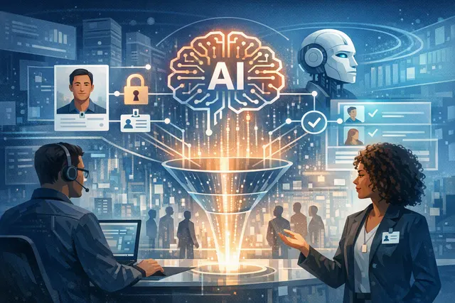 Abstract illustration of Cloudflare Identity-Aware AI Gateway connecting employee identities to AI requests with security and cost controls