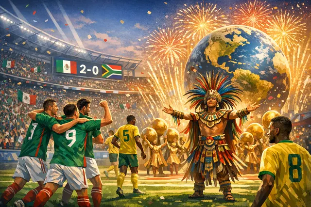 Estadio Azteca filled with fans during the 2026 FIFA World Cup opening ceremony, featuring a massive stage and performers on the field.