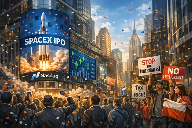 Editorial illustration of SpaceX rocket launch intertwined with Solana blockchain nodes and a stock ticker symbolizing the simultaneous Nasdaq IPO and onchain tokenized equity debu