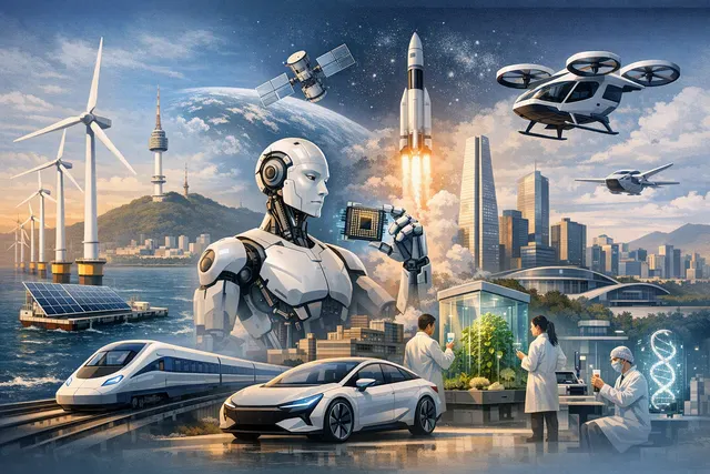 South Korea's post-AI economic strategy illustration with seven next-generation industries: SMRs, nuclear fusion, renewables, quantum, aerospace, biotech, and critical minerals