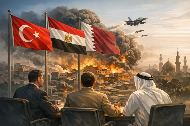 Diplomatic officials from Turkey, Egypt, and Qatar at a joint press conference, representing the mediating nations that condemned Israeli strikes in Gaza in August 2026.