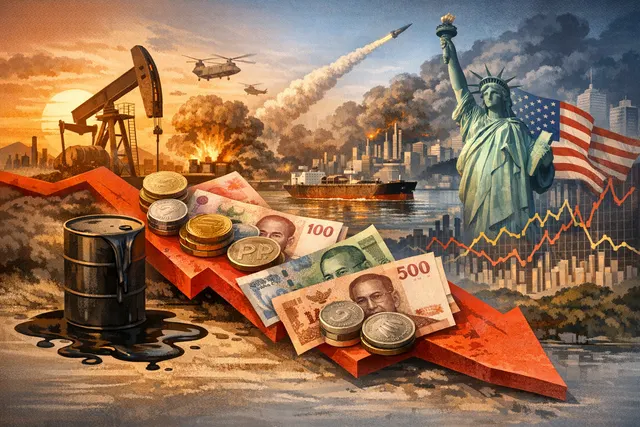 Asian currency notes and a rising oil price chart against a backdrop of a geopolitical tension map, June 2026