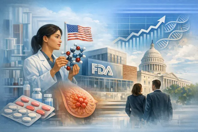Roche corporate headquarters in Basel, Switzerland, with molecular structures and stock chart graphics overlay representing the company's pharmaceutical pipeline and market perform