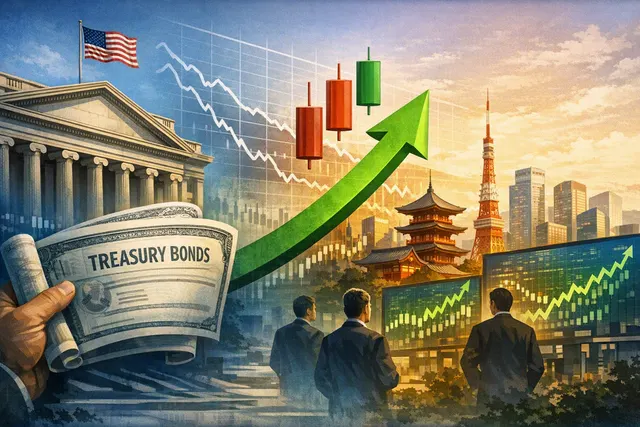 Illustration of U.S. Treasury bonds and Asian stock markets rallying as long-term yields fall