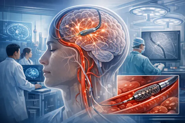 Illustration of a brain-computer interface implant being guided through blood vessels into the brain, representing the endovascular BCI approach developed by StairMed Technology.