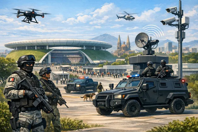 Heavily armed military and National Guard patrol a Guadalajara street near the Akron Stadium before the 2026 FIFA World Cup.