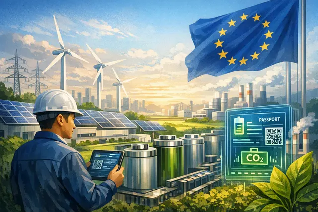 A conceptual illustration of a zero-carbon industrial estate with solar panels, wind turbines, and battery manufacturing facilities, representing Chinese battery makers' response t