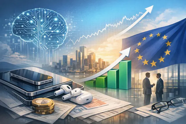 Editorial illustration of Apple stock rising alongside an iPhone, AI symbols and European App Store fee changes