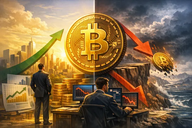 Split-screen showing a bull and bear facing off over a Bitcoin symbol, representing conflicting outlooks from Standard Chartered and Galaxy Digital.