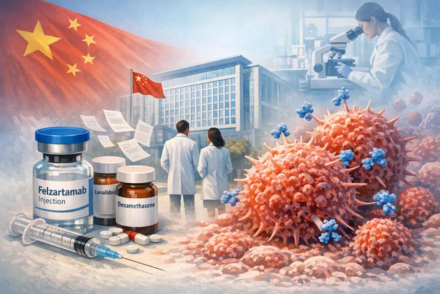 Illustration of felzartamab’s CD38-targeting role in multiple myeloma treatment and the Biogen–TJ Biopharma partnership