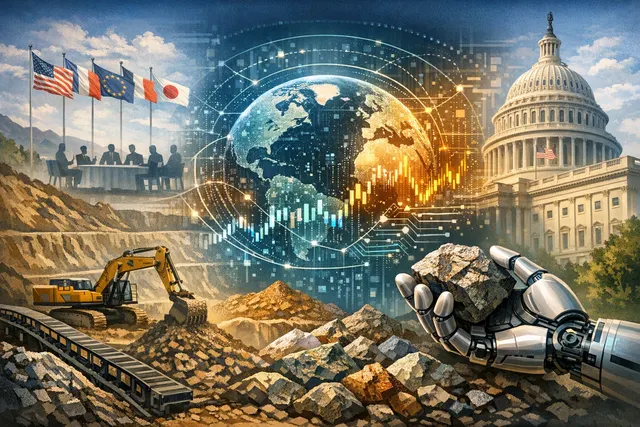 AI-generated editorial image depicting geopolitics and critical minerals pricing, with digital trade routes and pricing charts overlaid on a world map.