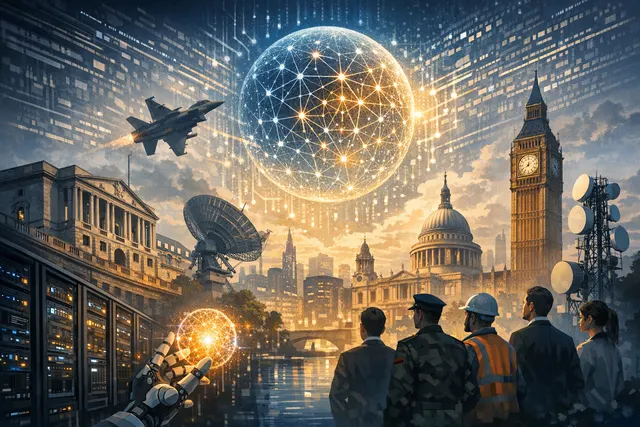 Conceptual illustration of Britain's first sovereign AI model with UK defence, finance, and infrastructure sectors connecting via a neural network over a map of the United Kingdom