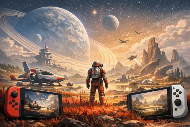 A stylized space explorer standing on an alien planet beneath a colorful galaxy, representing No Man’s Sky on Nintendo Switch