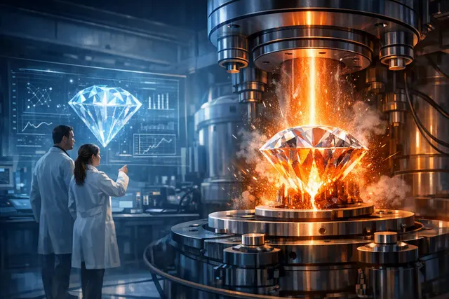 AI-generated conceptual image of a diamond being compressed by laser-driven shock waves, with glowing carbon atoms transitioning to a liquid state at extreme temperatures and press