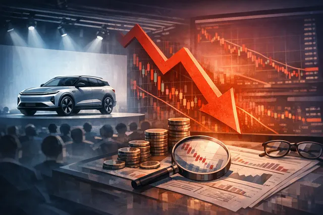 AI-generated editorial hero image for an article analyzing Xiaomi stock drop after the SkyNomad SUV launch, depicting a downward stock chart overlaid on an SUV silhouette.