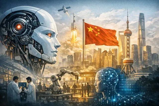 Editorial illustration of artificial intelligence and reusable rockets representing the U.S.-China technology rivalry