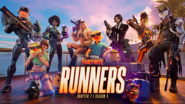 Fortnite Chapter 7 Season 3 Runners Battle Pass promotional art showing new character skins including John Wick, launching June 6, 2026.