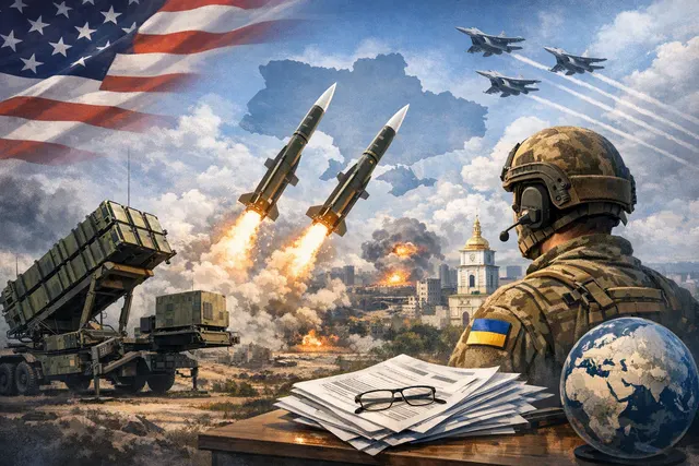 Editorial illustration of a Patriot air-defense interceptor system and Ukraine’s missile-supply dilemma