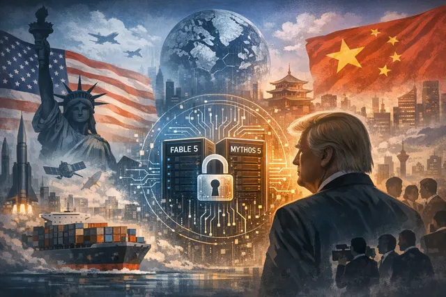 A digital globe with key regions like the United States, Europe, the UK, and Canada highlighted, connected by data streams that are fractured or dimmed, with AI microchips and a pa