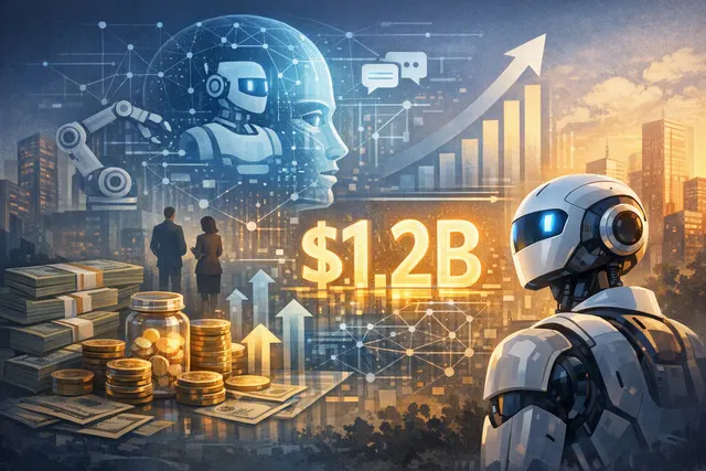 AI-generated editorial hero image representing HappyRobot's Series C funding, showing a glowing robot hand interacting with a network of enterprise data, symbolizing AI agents auto