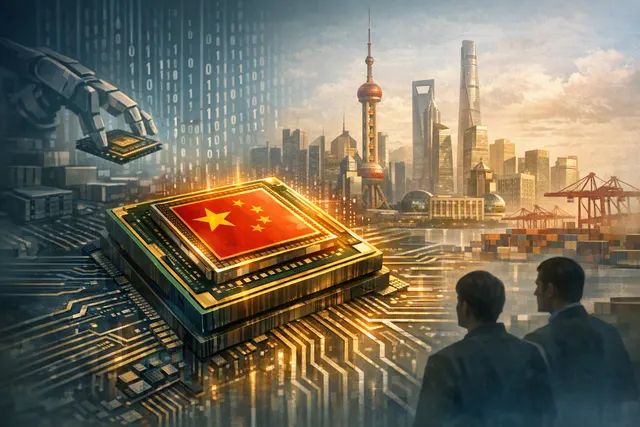 Editorial illustration of Nvidia AI chips and a China-focused inference processor amid U.S.-China technology restrictions