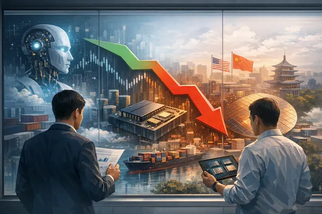 Editorial illustration of AI data-center infrastructure, Nvidia-style GPUs, memory chips, optical connections, and semiconductor equipment