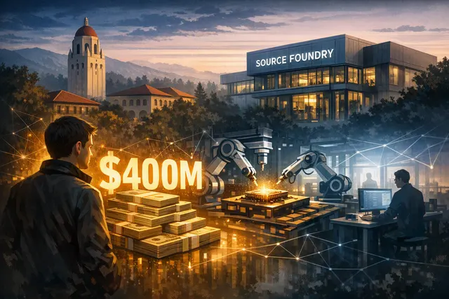 Abstract visualization of a semiconductor chip manufacturing facility with glowing circuits, representing the AI chip startup Source Foundry's challenge to ASML's lithography domin