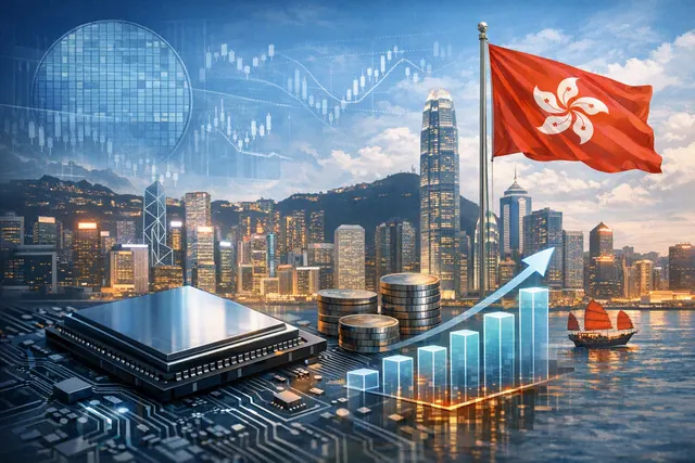 Editorial illustration of a semiconductor company preparing a Hong Kong stock offering