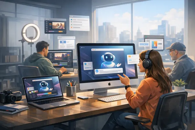 Illustration of Meta AI assisting with Mac desktop work for creators and small businesses