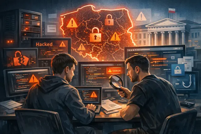 Cybersecurity concept image representing Poland's vulnerable public web infrastructure, with digital icons for courts, hospitals, and airports overlaid on a map of Poland.
