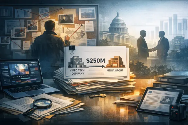 Abstract visualization of the collapse of VideoVerse's $250 million acquisition deal by Minute Media, representing fraud, forgery, and legal dispute