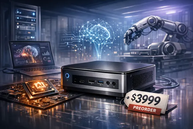 A conceptual 3D rendering of two compact AI developer mini-PCs, representing AMD's Ryzen AI Halo and Nvidia's DGX Spark, placed on a futuristic desk with holographic data visualiza