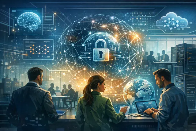 Abstract illustration of interconnected nodes representing an AI security alliance network